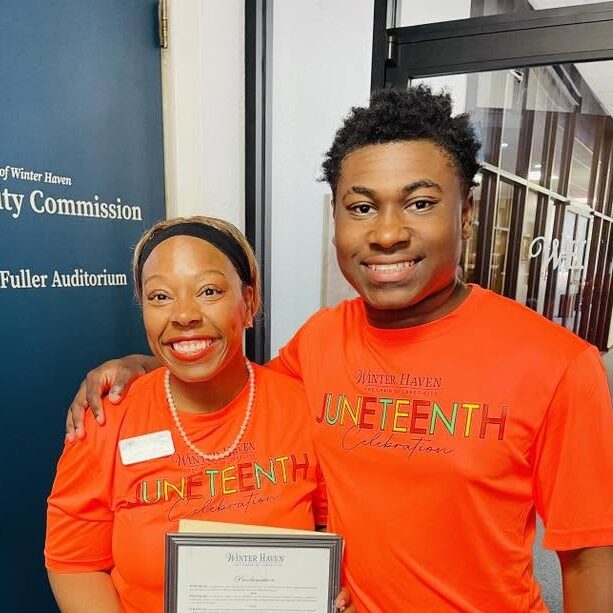 Jayden Booker, Winter Haven Juneteenth 2026 scholarship recipient with Jackie Vickers, WH Community Engagement Manager
