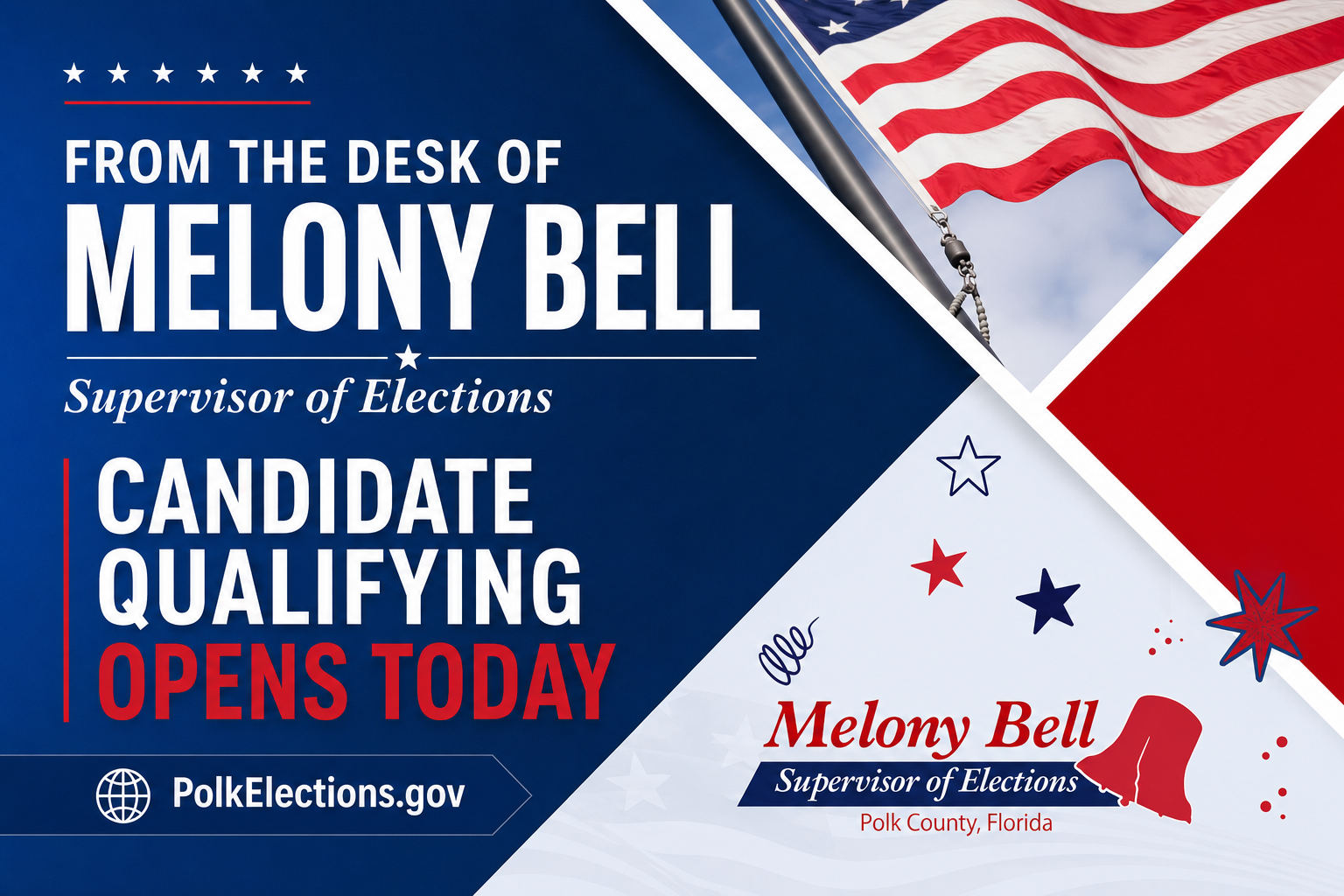announcement from supervisor of elections in polk county, fl, melony bell about candidate qualifying opening today 060826