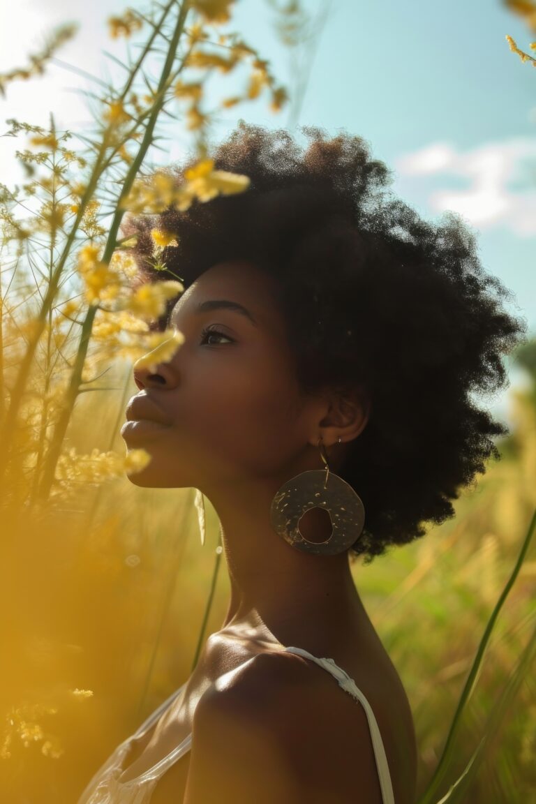 Stylist photography portrait of woman with a large round earring.