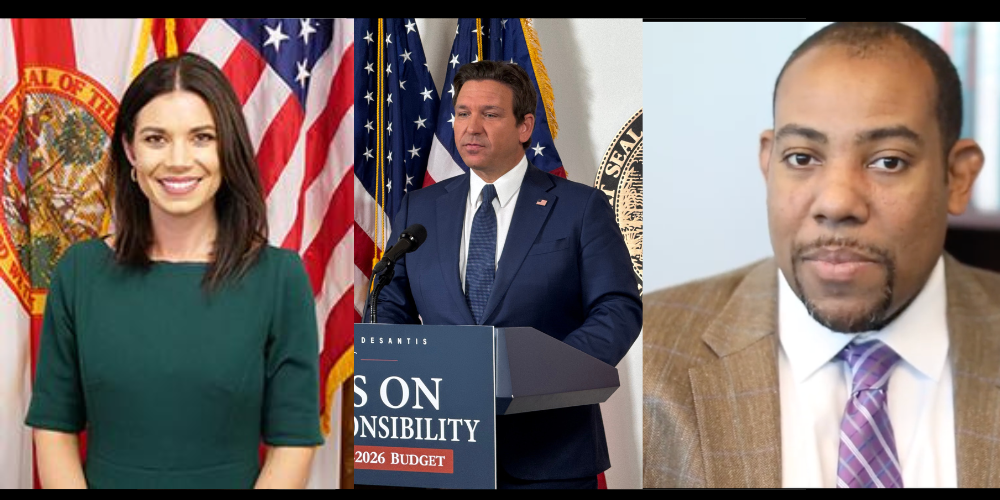 Taylor Hatch, left, Ron DeSantis, center, Paul Burns, right. (Photos of agency heads via agency of the leader, and DeSantis photo by Jay Waagmeester/Florida Phoenix)