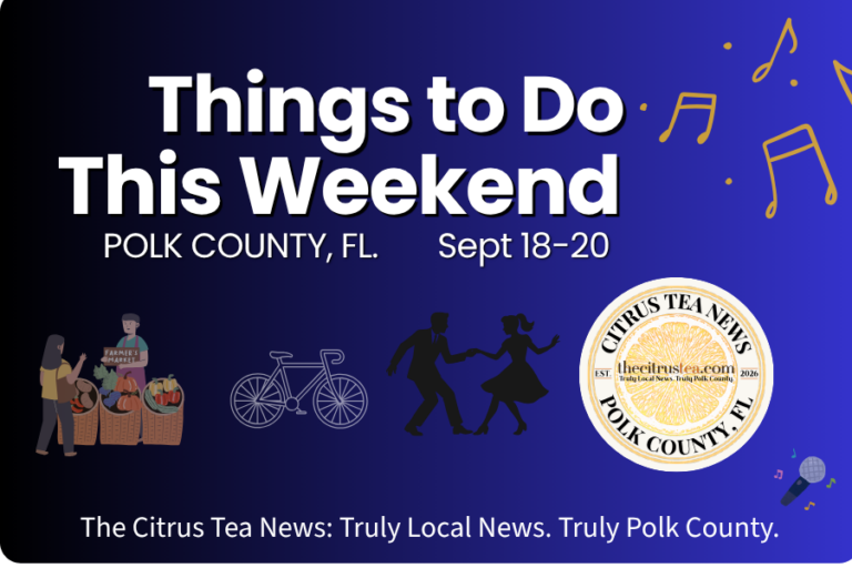 Weekend events roundup graphic for The Citrus Tea News, Sept. 18–20, Polk County, FL, with farmers market, bicycle, dancing and music icons