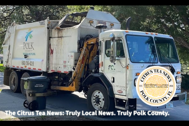A pickup truck loaded with yard waste waiting at the scale house of a Polk County, Florida solid waste facility