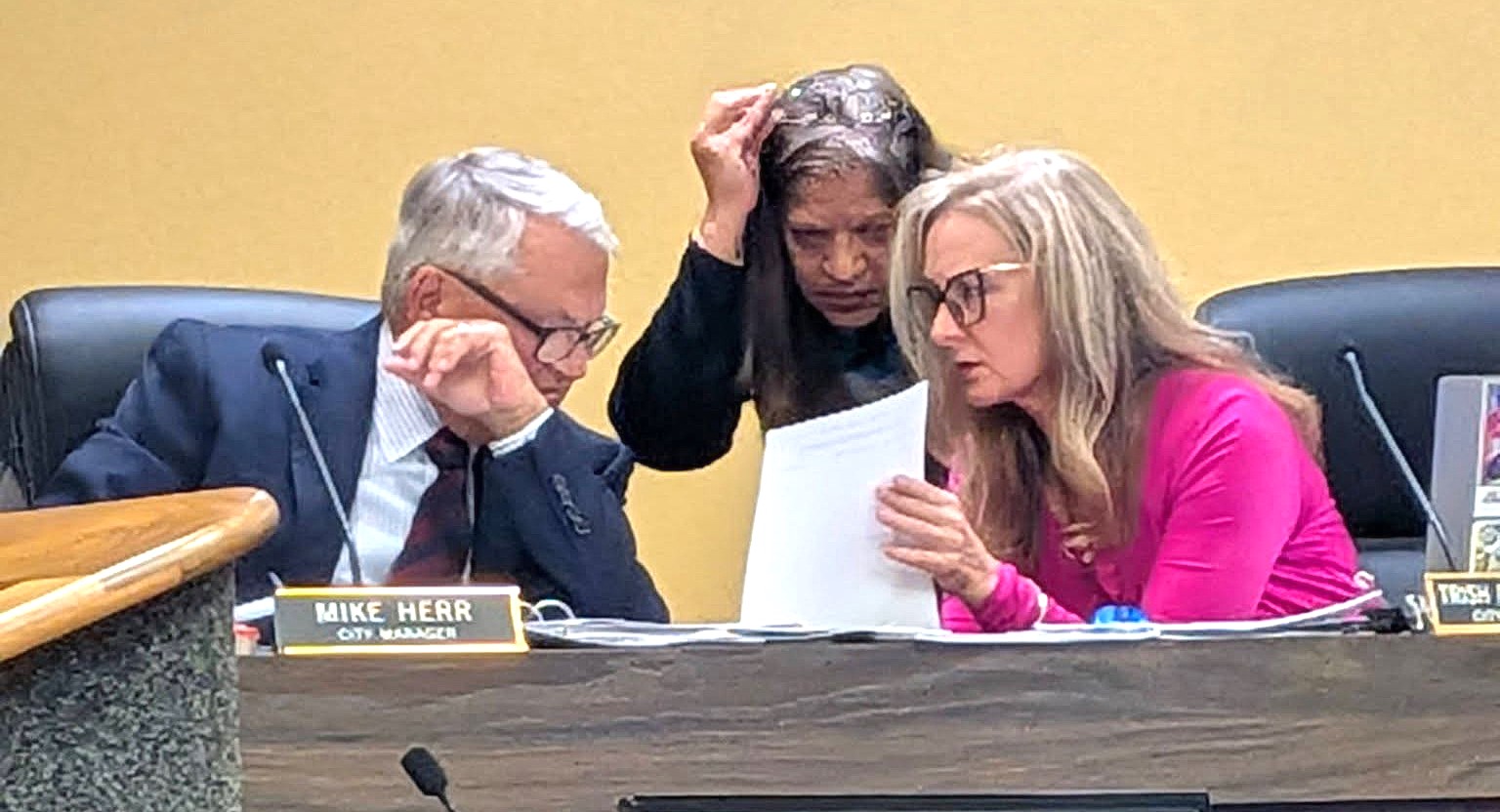 Bartow City Manager Mike Herr, City Clerk Jacki Poole and Commissioner Trish Pfeiffer review an applicant's paperwork at the City Commission dais.