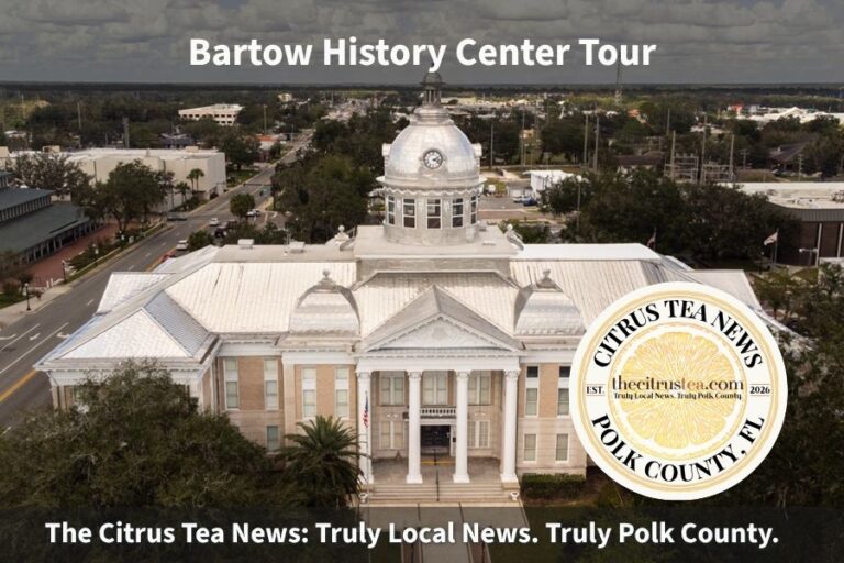 The neoclassical facade, columns and clock dome of the historic Old Polk County Courthouse, now the Polk County History Center, at 100 E. Main St. in Bartow, Florida.