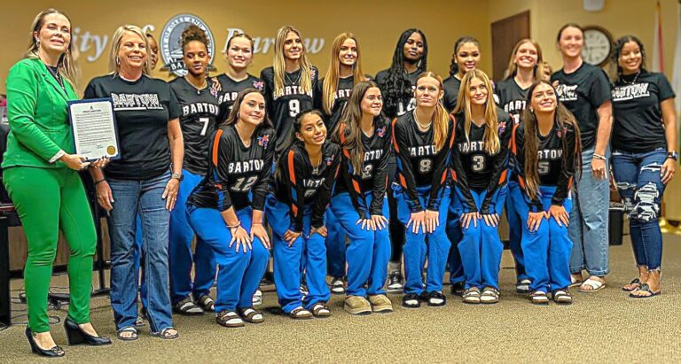 Bartow High School Lady Jackets volleyball players and coaches with Mayor Tanya Tucker at Bartow City Hall." Rotary: "Bartow Rotary members accept the Just Say No and Red Ribbon Week proclamation." Parade: "Anita Stasiak, in a Rotary Club of Bartow shirt, holds the parade and carnival proclamation with Mayor Tanya Tucker." Planning: "Charlette Rodriguez, Mayor Tanya Tucker and Joshua Cheney hold the Community Planning Month proclamation." Home Rule: "Mike Herr, Trish Pfeiffer and Leo E. Longworth hold Home Rule Hero certificates.
