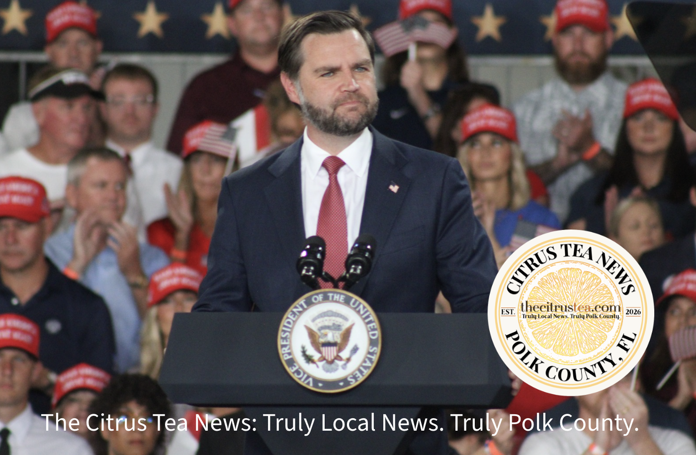 Vice President JD Vance speaks at a Republican midterm rally inside Skylight Hangar A at Sun n Fun in Lakeland on Oct. 1, 2026