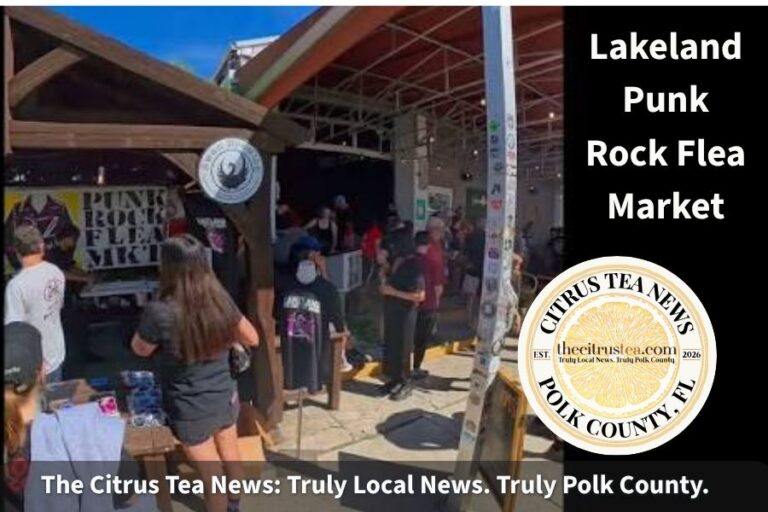 Vendor tents and visitors at the Lakeland Punk Rock Flea Market at Swan Brewing in downtown Lakeland