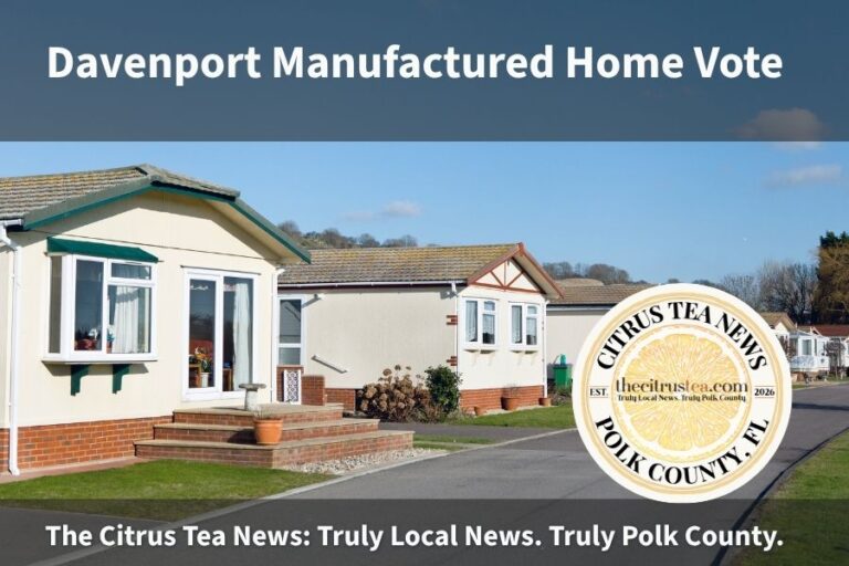 Manufactured homes on a residential street with the headline Davenport Manufactured Home Vote