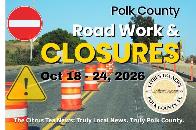 Orange road construction barrels and a road closed sign at the Interstate 4 and State Road 33 interchange at Exit 38 in Lakeland, Polk County, Florida.