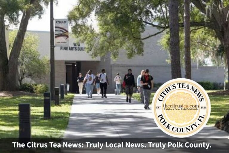 Students walking between buildings on a Polk State College campus in Polk County, Florida