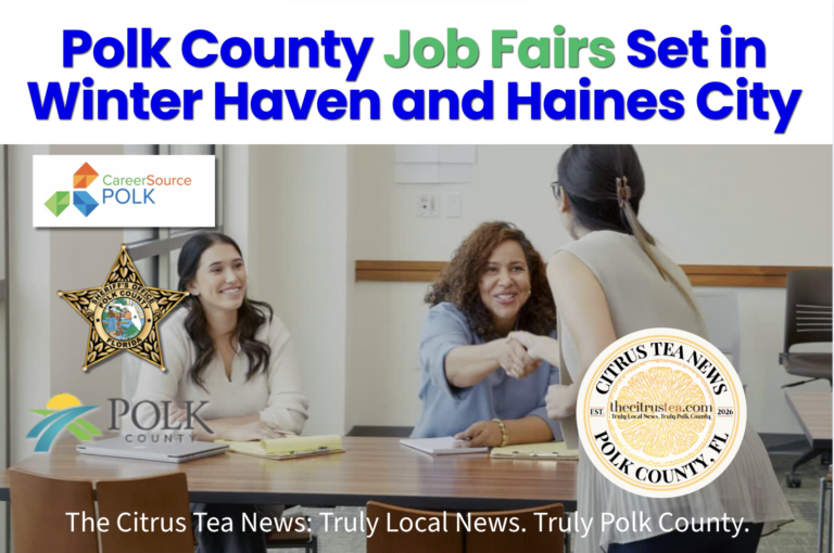 Job seekers talk with employer representatives at a table during a job fair in Polk County, Florida.