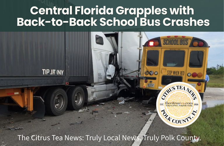Overturned Polk County Public Schools bus in a ditch along Lucerne Park Road in Winter Haven after a fatal crash