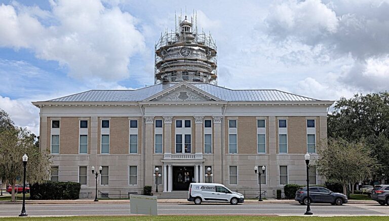 Scaffolding and protective netting surround the dome of the Polk County History Center, the former Polk County courthouse, in downtown Bartow.