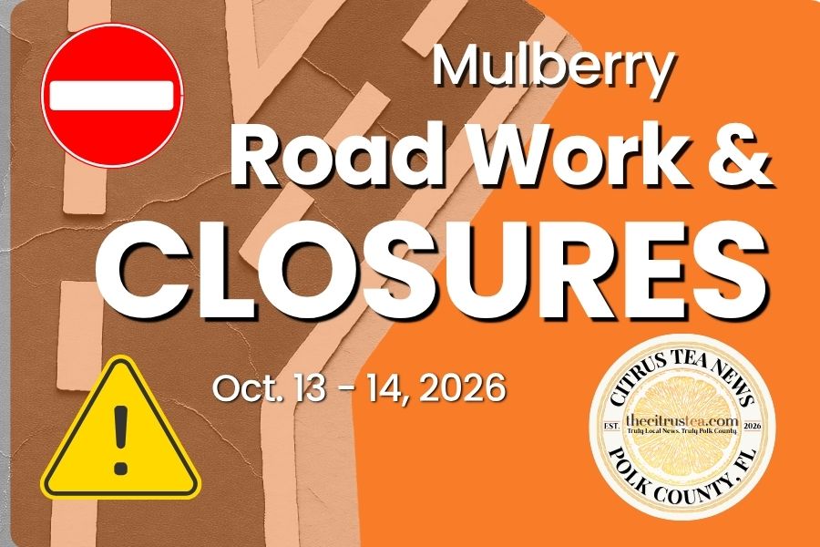 A road closed ahead sign on a residential street in Mulberry, Florida, where NW 3rd Street will shut for drainage work.