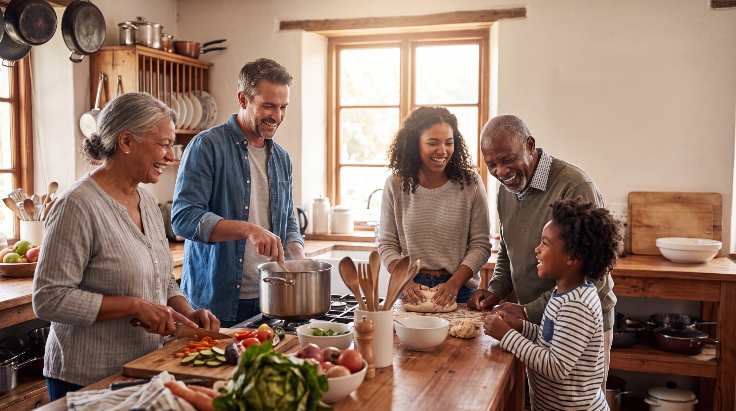 A multigenerational family sharing a meal around a kitchen table in warm light.